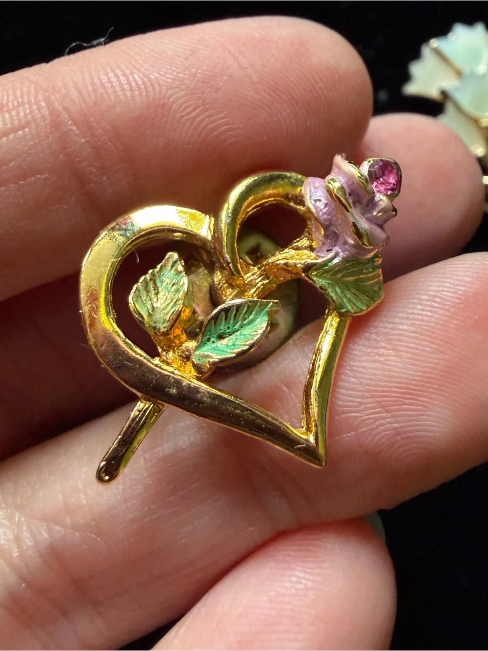 Vintage Gold Tone Flower pins - Heart Rose Tack + Mother of Pearl Tulip Brooch